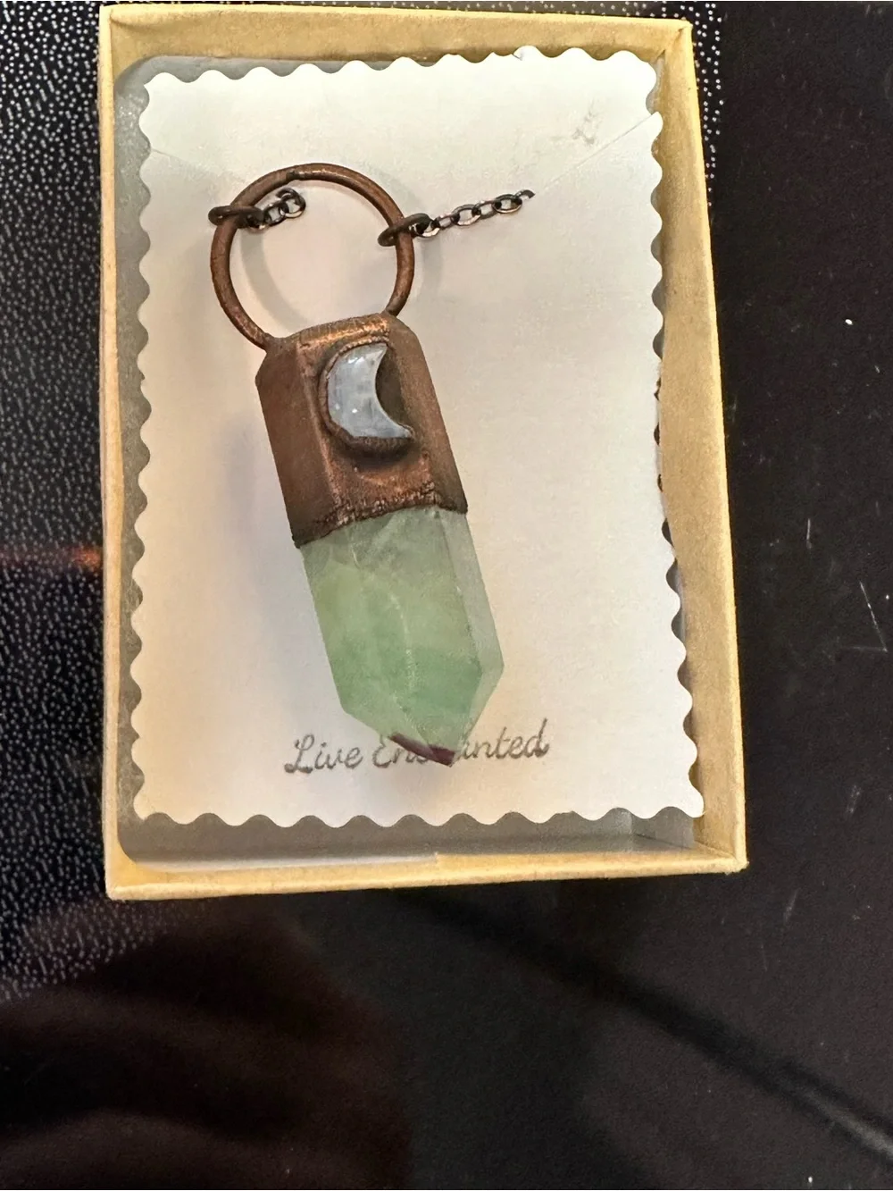 Enchanted by Cara Fluorite  Pendant with Crescent Moonstone Necklace 24” new
